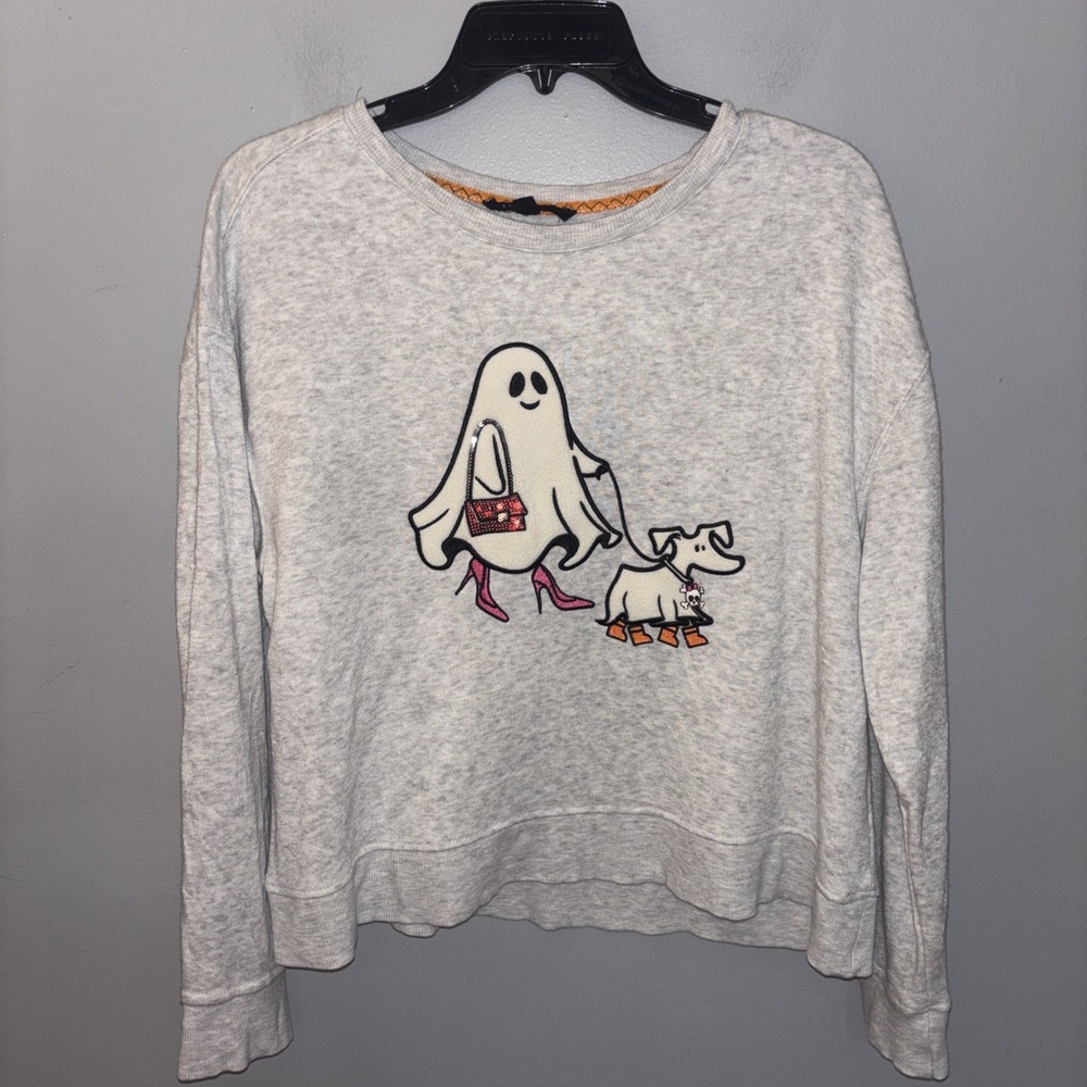 Jane & Delancey Halloween Sweatshirt Grey White Ghost Dog  Appliqué Size M